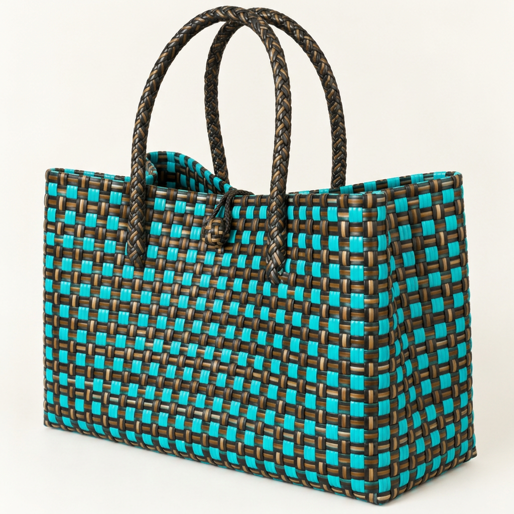 Turquoise and chocolate-brown woven bayong tote at a 30-degree angle