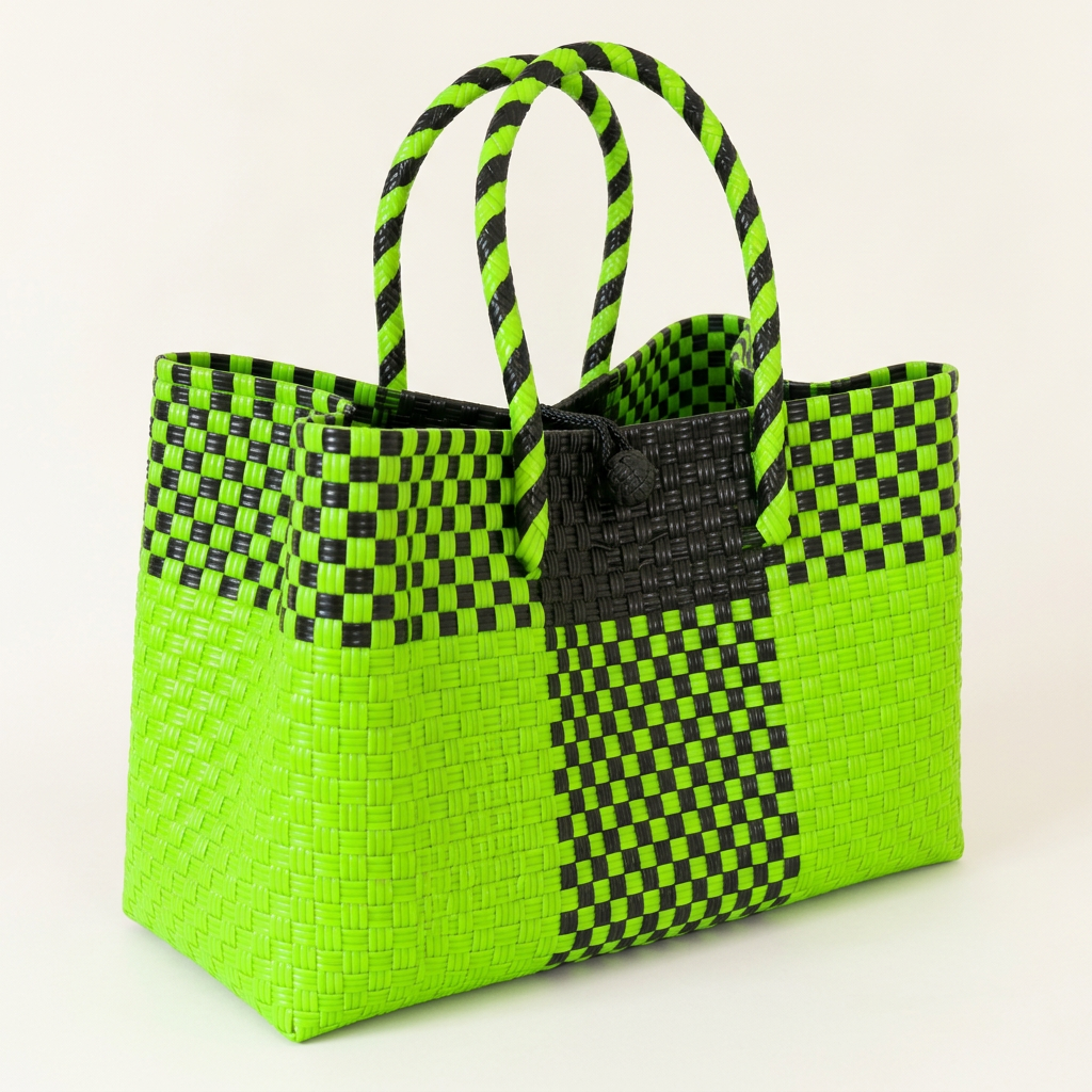 Lime green and black woven bayong tote at a 30-degree angle