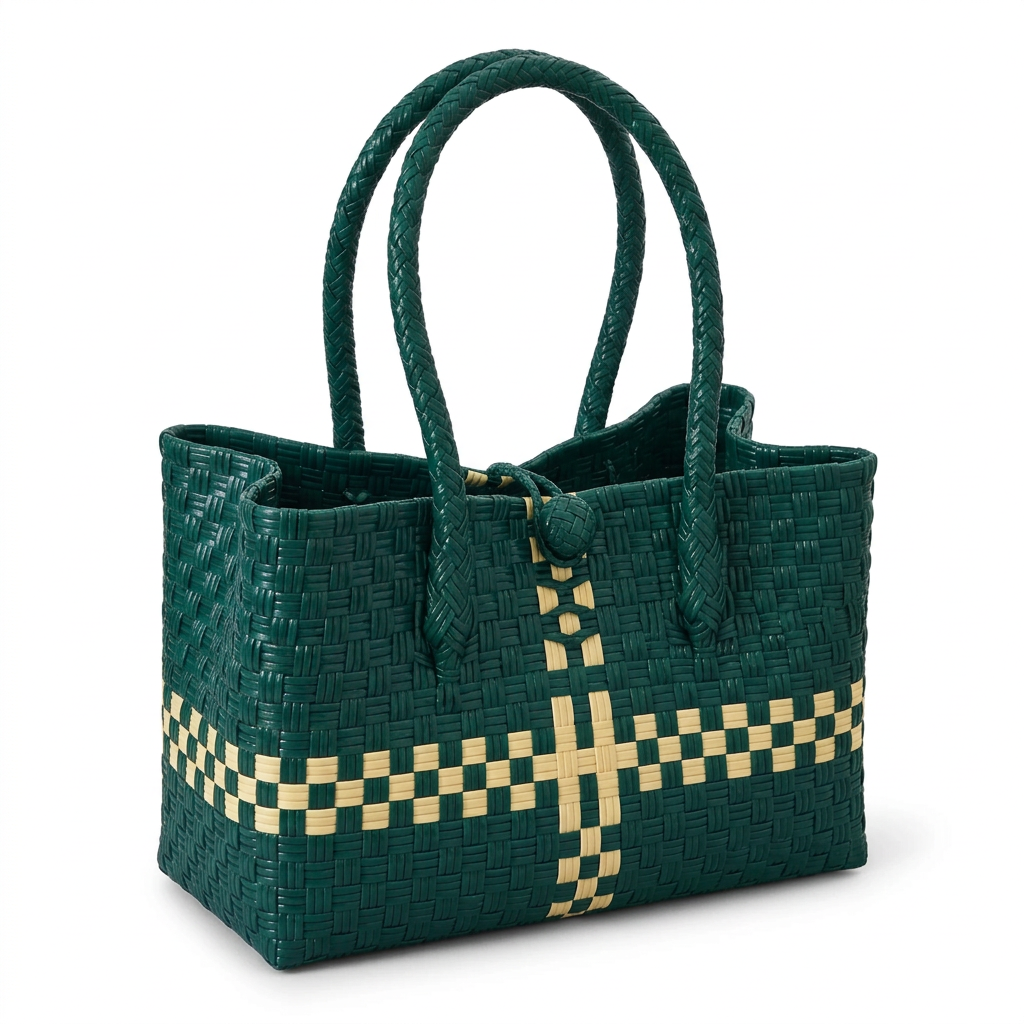Gubat dark forest green compact tote with cream checker accents, 30-degree angle on white