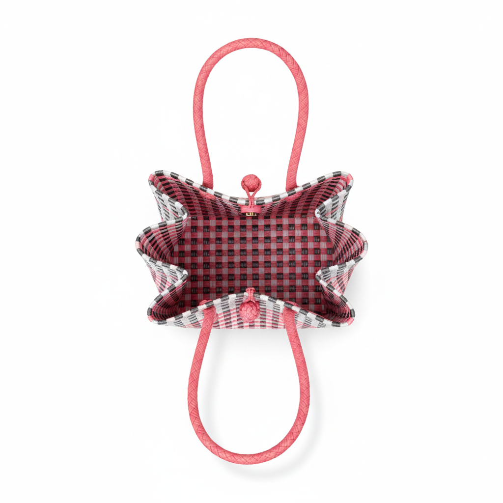 Aerial top-down view of the checked handwoven bag