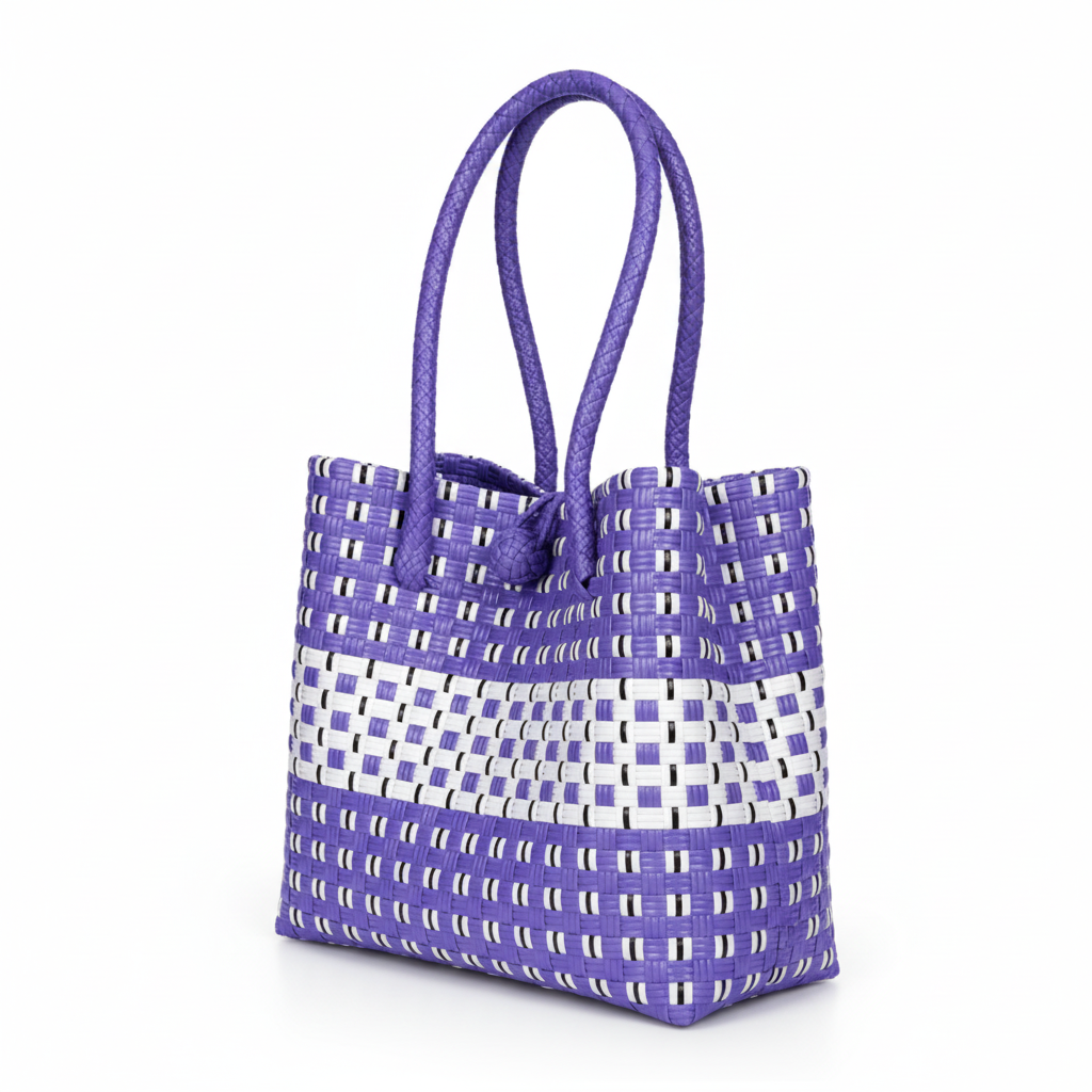 30-degree angle view of the purple and white handwoven bag