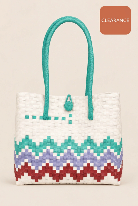 Habi Hardin Chevron tote with a warm terracotta Clearance badge