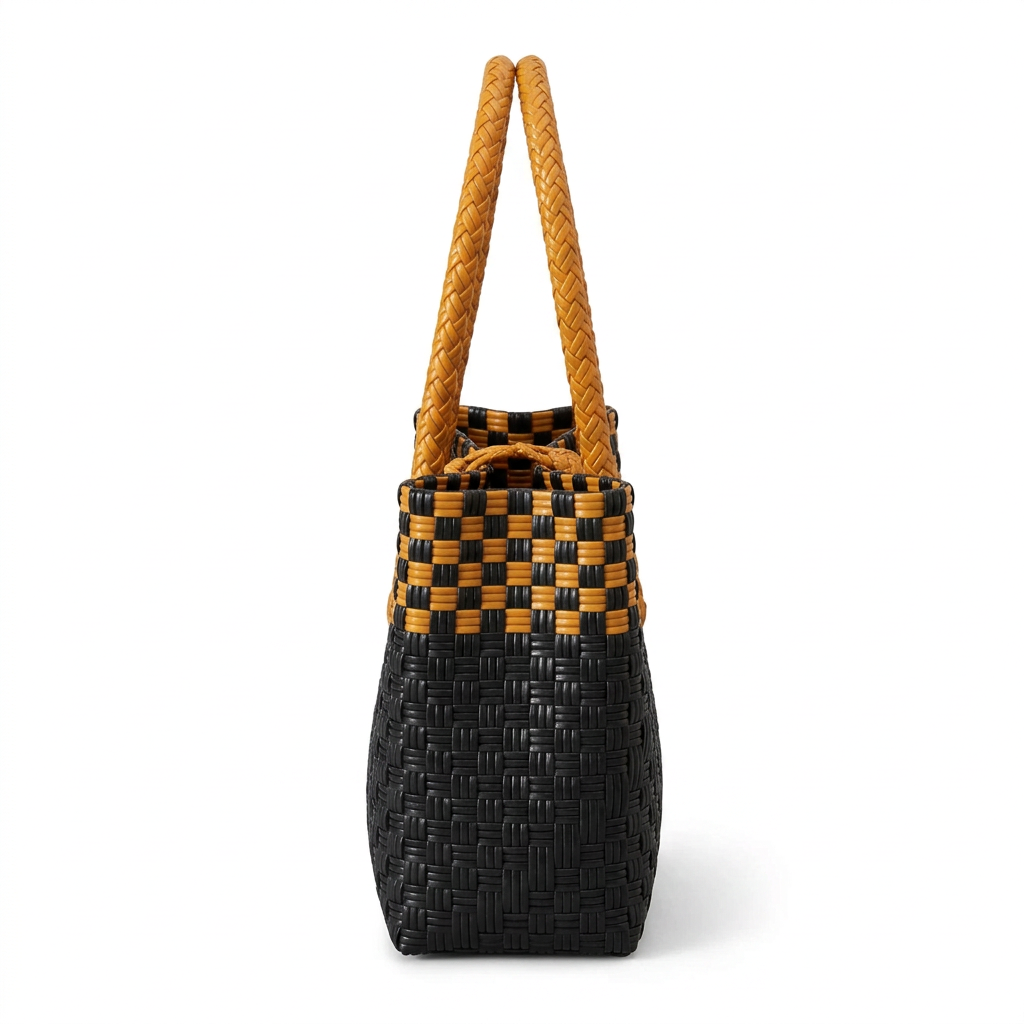 Sinag black and golden amber compact tote, side view on white