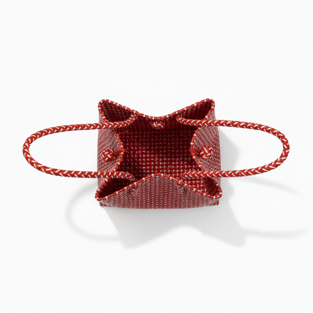 Aerial top-down view of the red and white handwoven bag