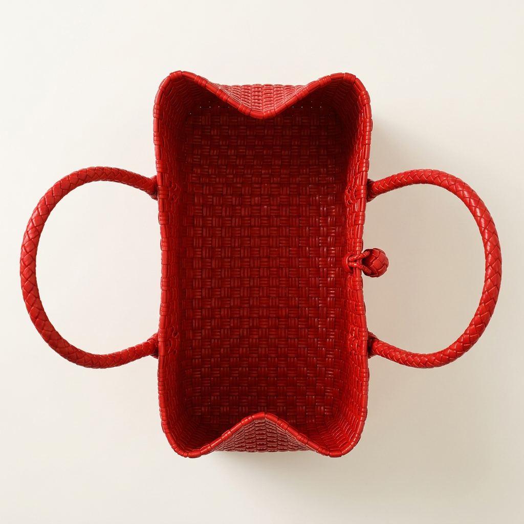 Aerial top-down view of scarlet red woven bayong tote