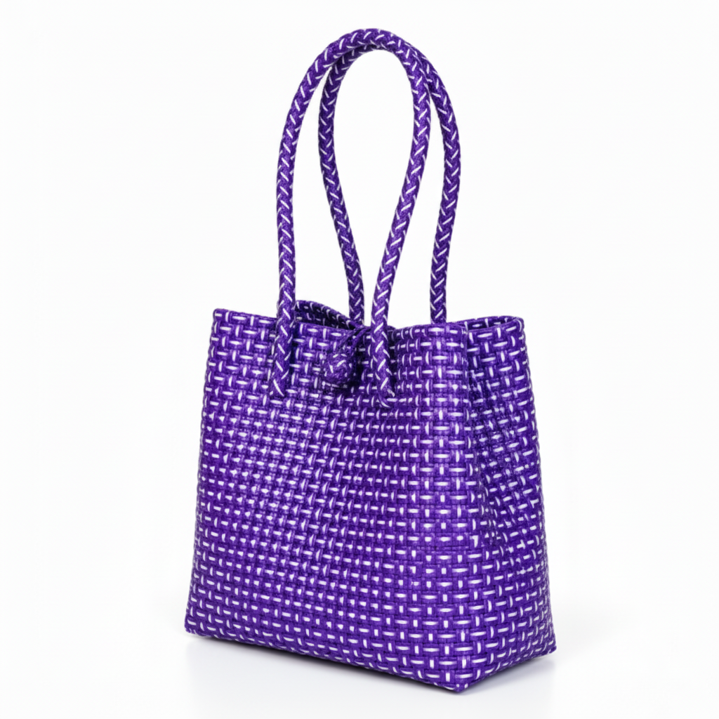 30-degree angle view of the rich purple handwoven bag