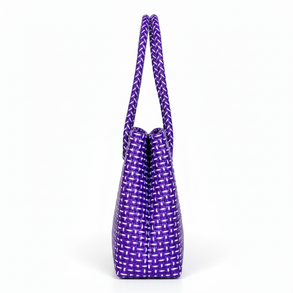 Side profile of the rich purple handwoven bag
