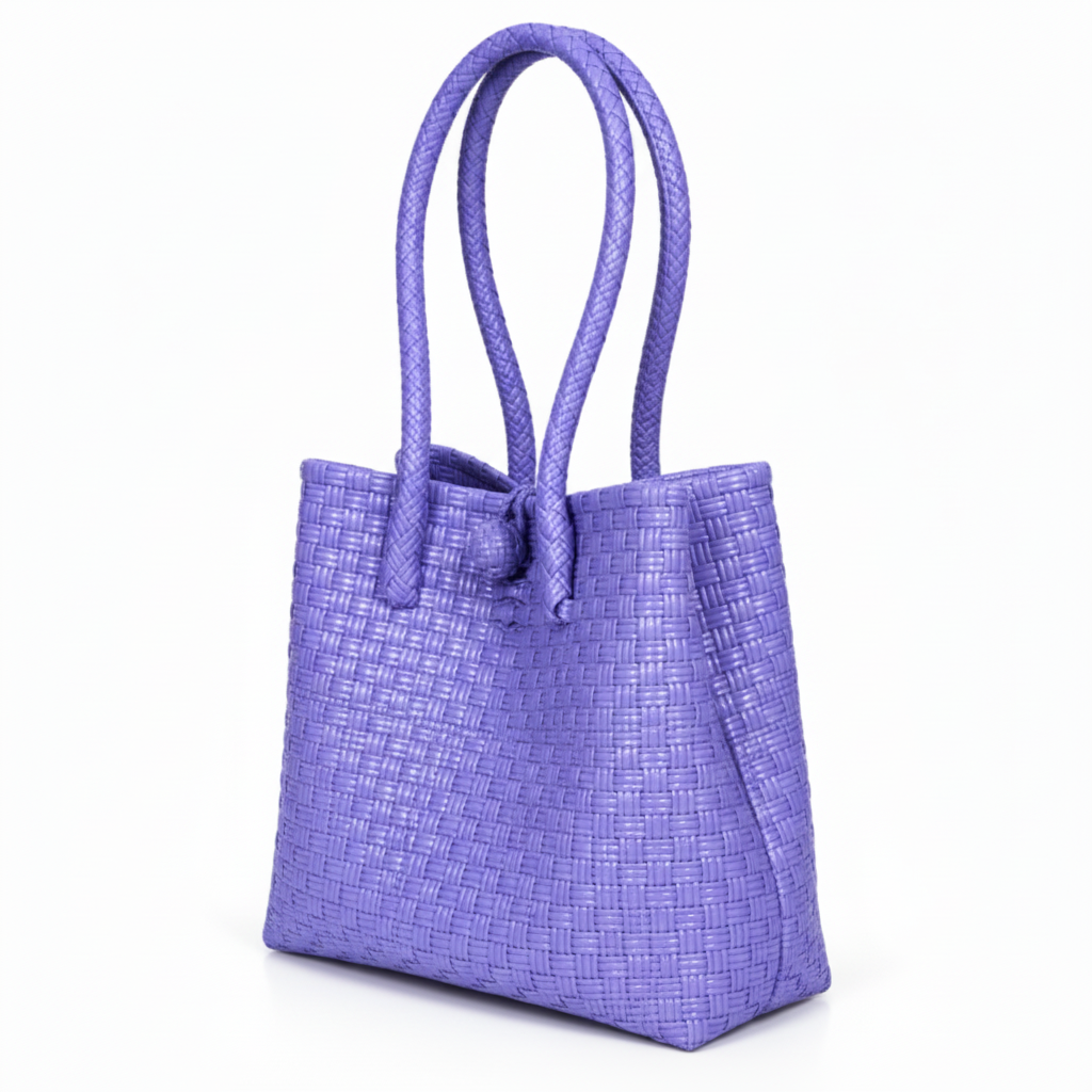 30-degree angle view of the lavender purple handwoven bag