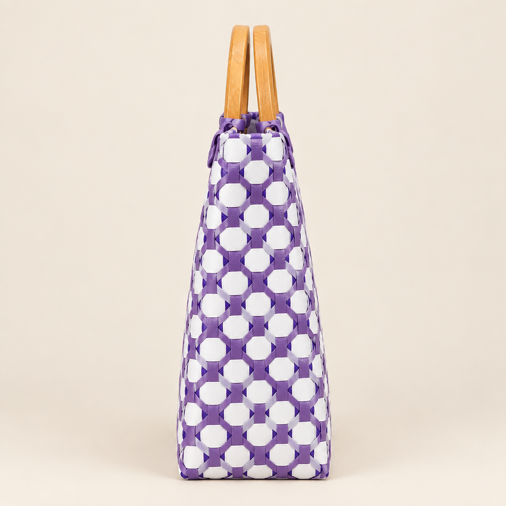 Side view of handwoven tote with wooden handles