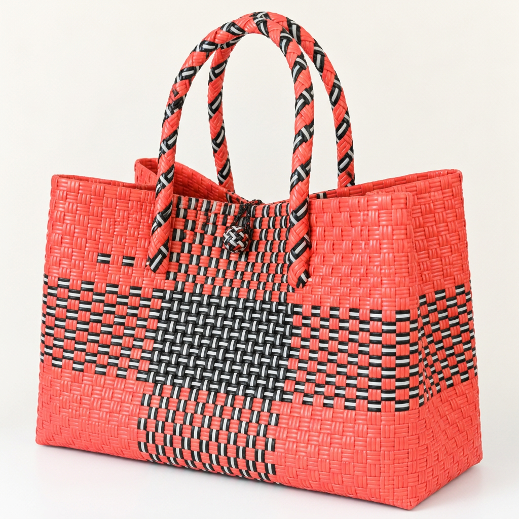 Coral and black geometric woven bayong tote at a 30-degree angle