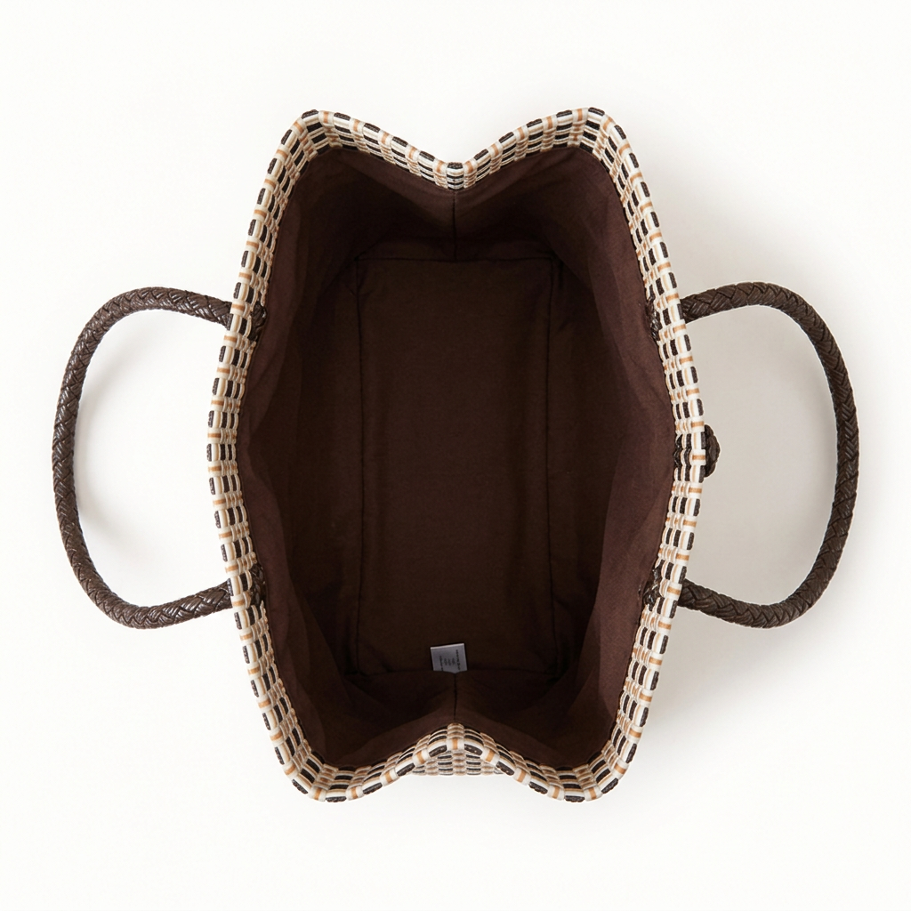 Habi Taho cream and chocolate brown handwoven tote bag, aerial top-open view