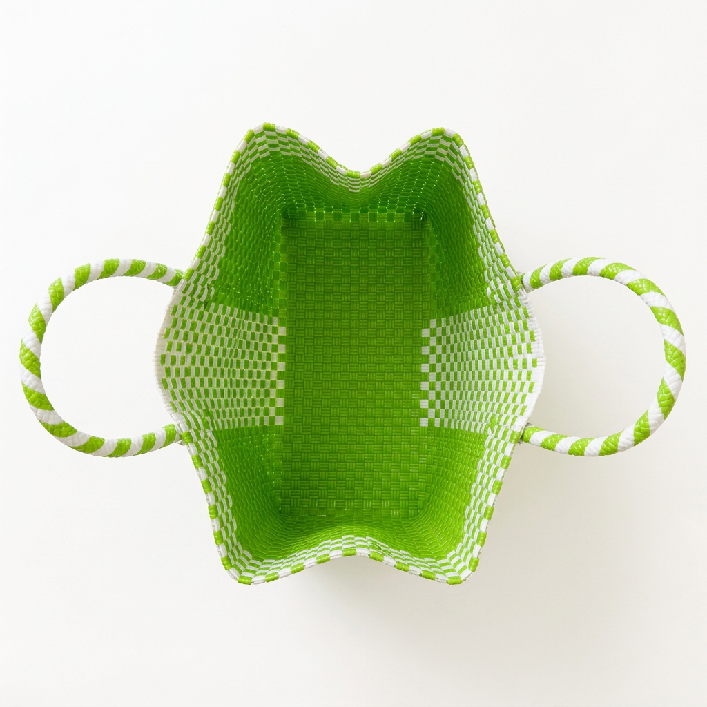Habi Buko lime green and white handwoven tote bag, aerial top-open view