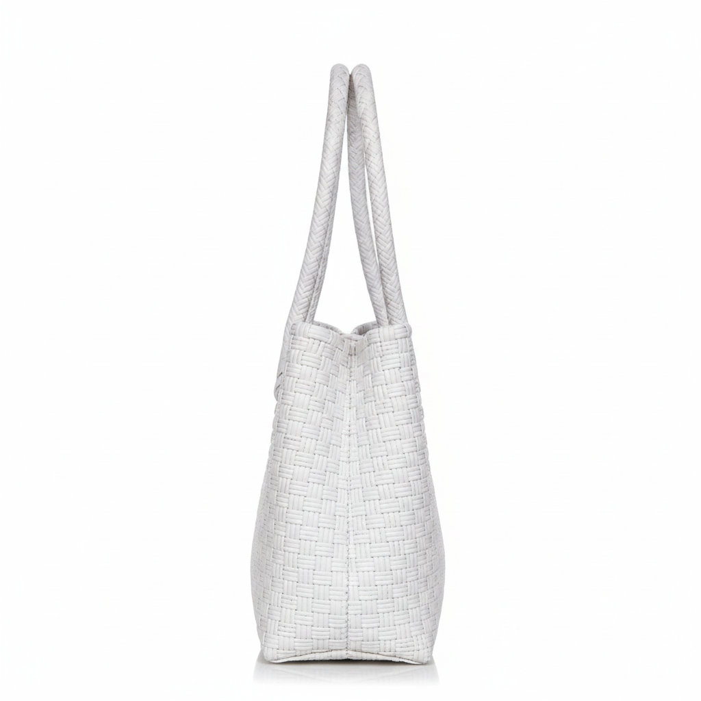 90-degree side profile of the white handwoven bag