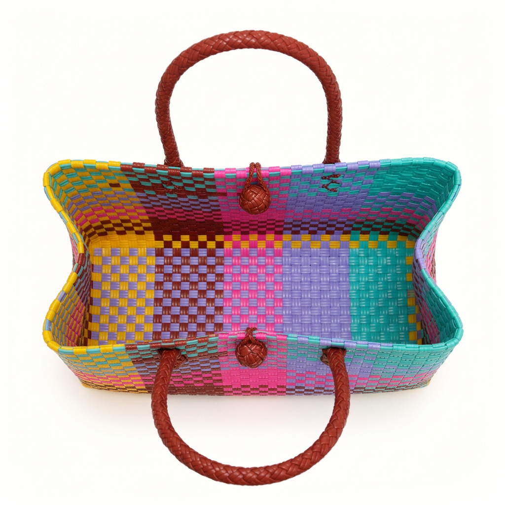 Habi Piyesta colorful patchwork woven tote, aerial view
