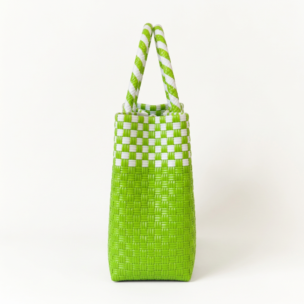 Habi Buko lime green and white checkerboard handwoven tote bag, side view