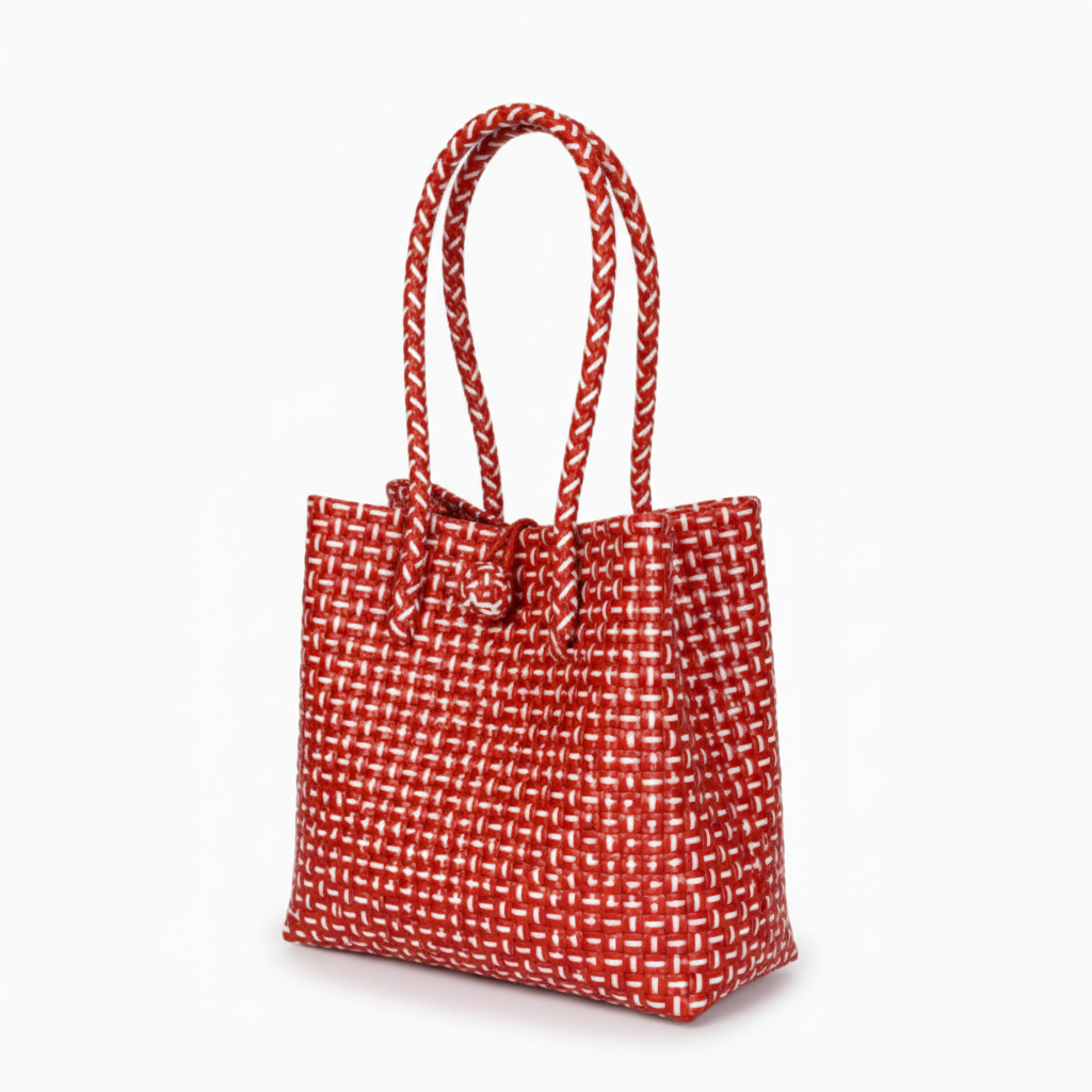 30-degree angle view of the red and white handwoven bag