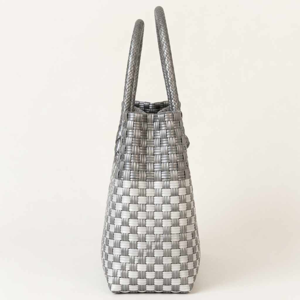 Side view of silver-gray and white woven bayong tote
