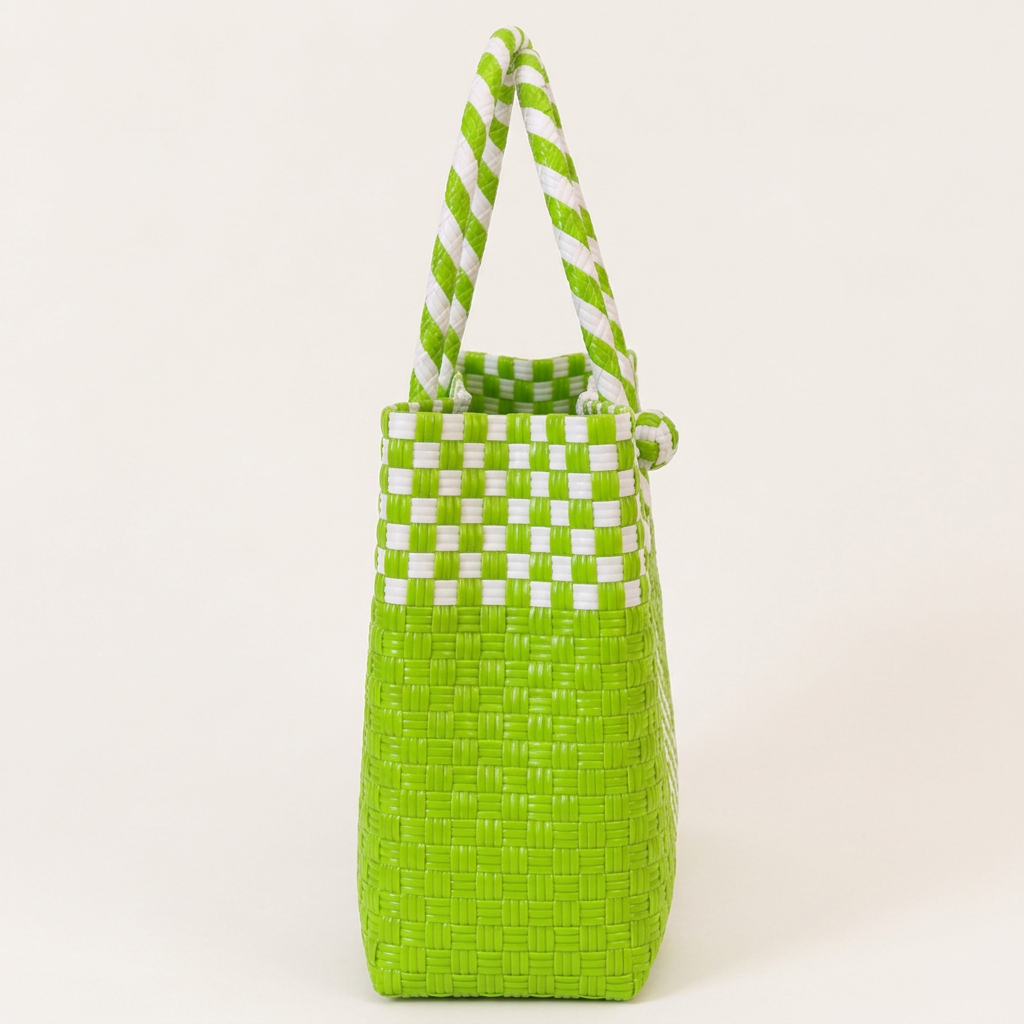 Side view of lime green and white woven tote