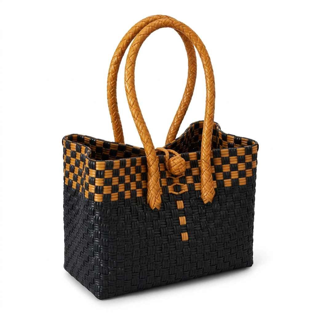 Sinag black and golden amber compact tote, 30-degree angle on white