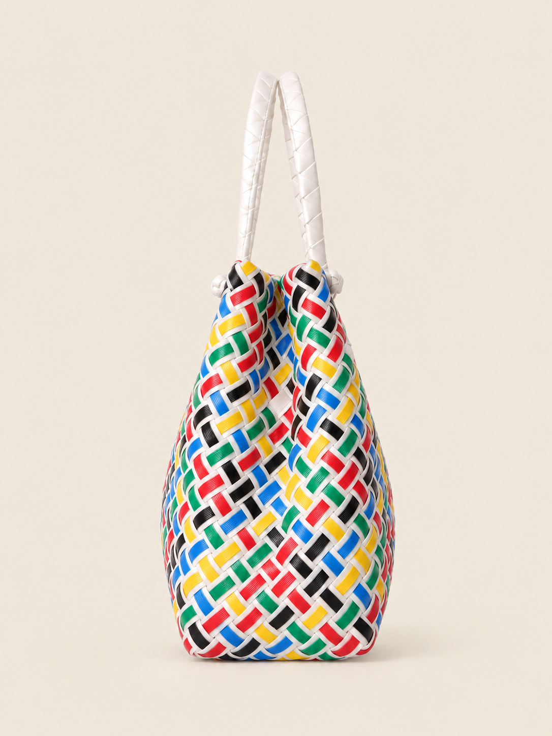 Habi Bahaghari — Herringbone recycled-polypropylene structured bayong tote, side view