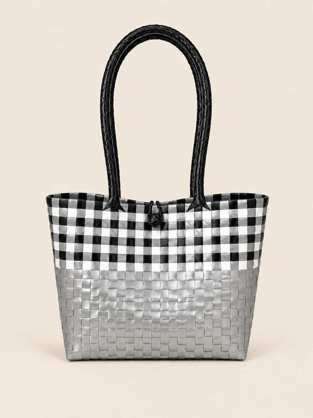 Habi Pilak — Gingham recycled-polypropylene structured bayong tote, back view