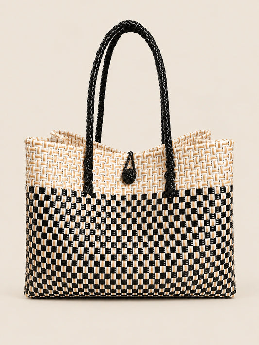 Habi Araw-Gabi recycled-polypropylene structured bayong tote, front view