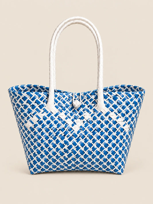 Habi Ulap — Bughaw recycled-polypropylene structured bayong tote, front view