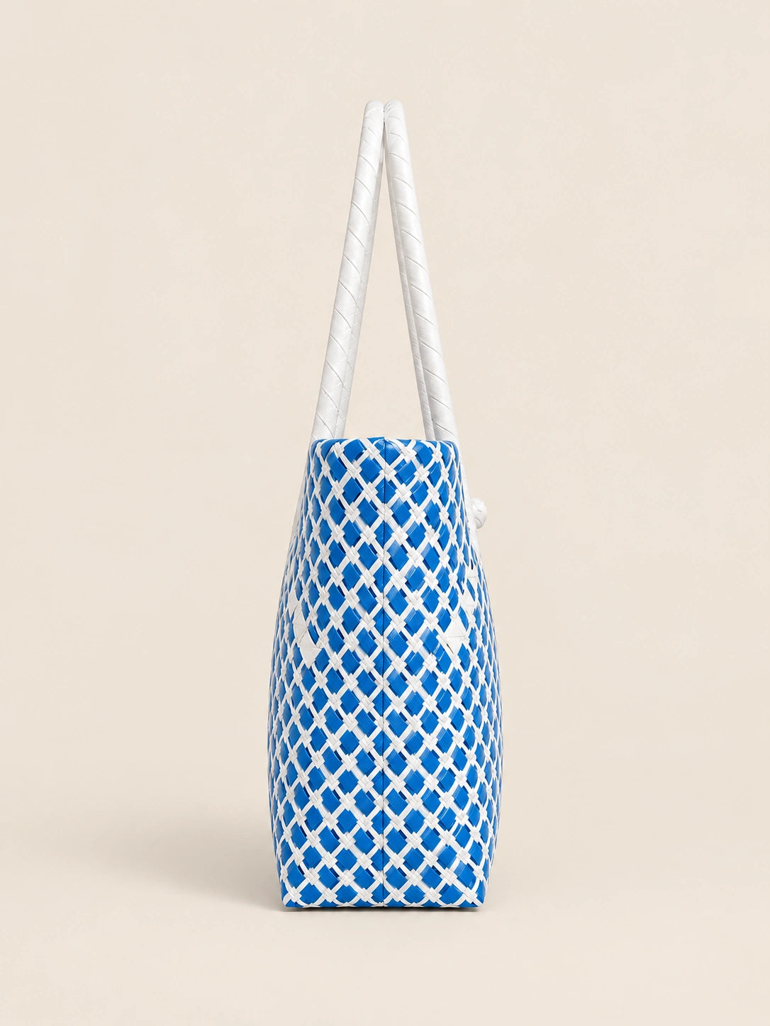 Habi Ulap — Bughaw recycled-polypropylene structured bayong tote, side view