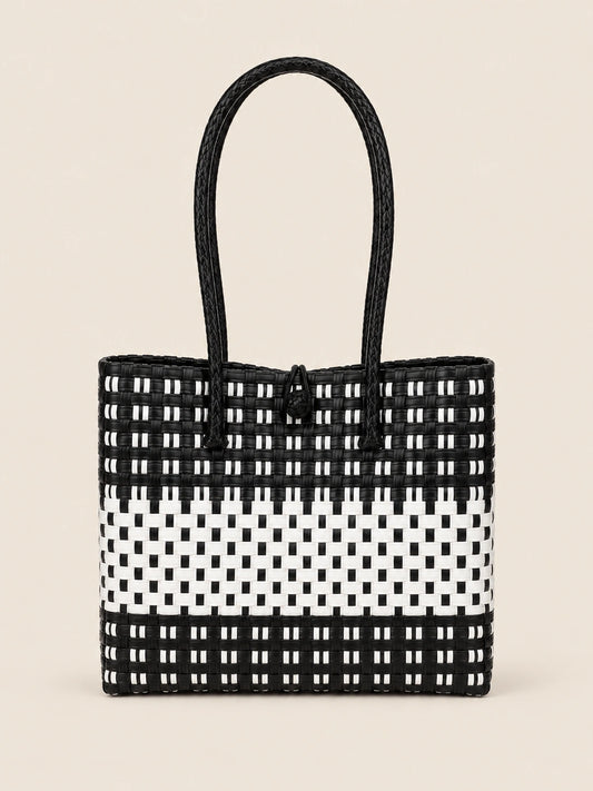 Habi Itim-Puti recycled-polypropylene structured bayong tote, front view