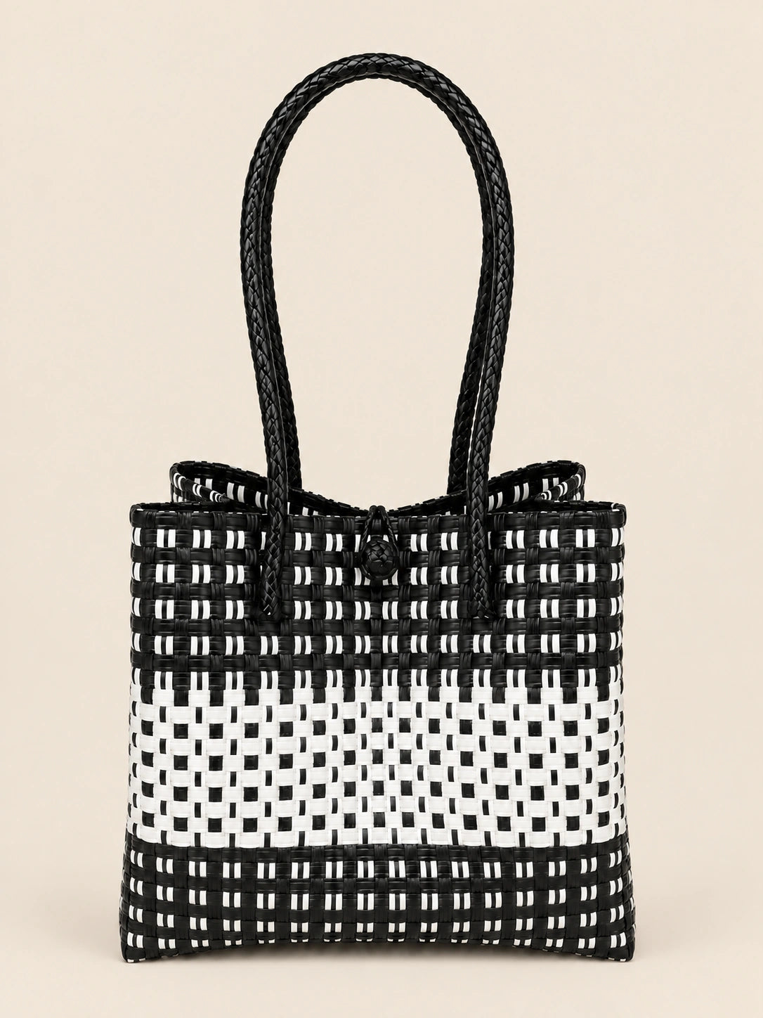 Habi Itim-Puti recycled-polypropylene structured bayong tote, back view