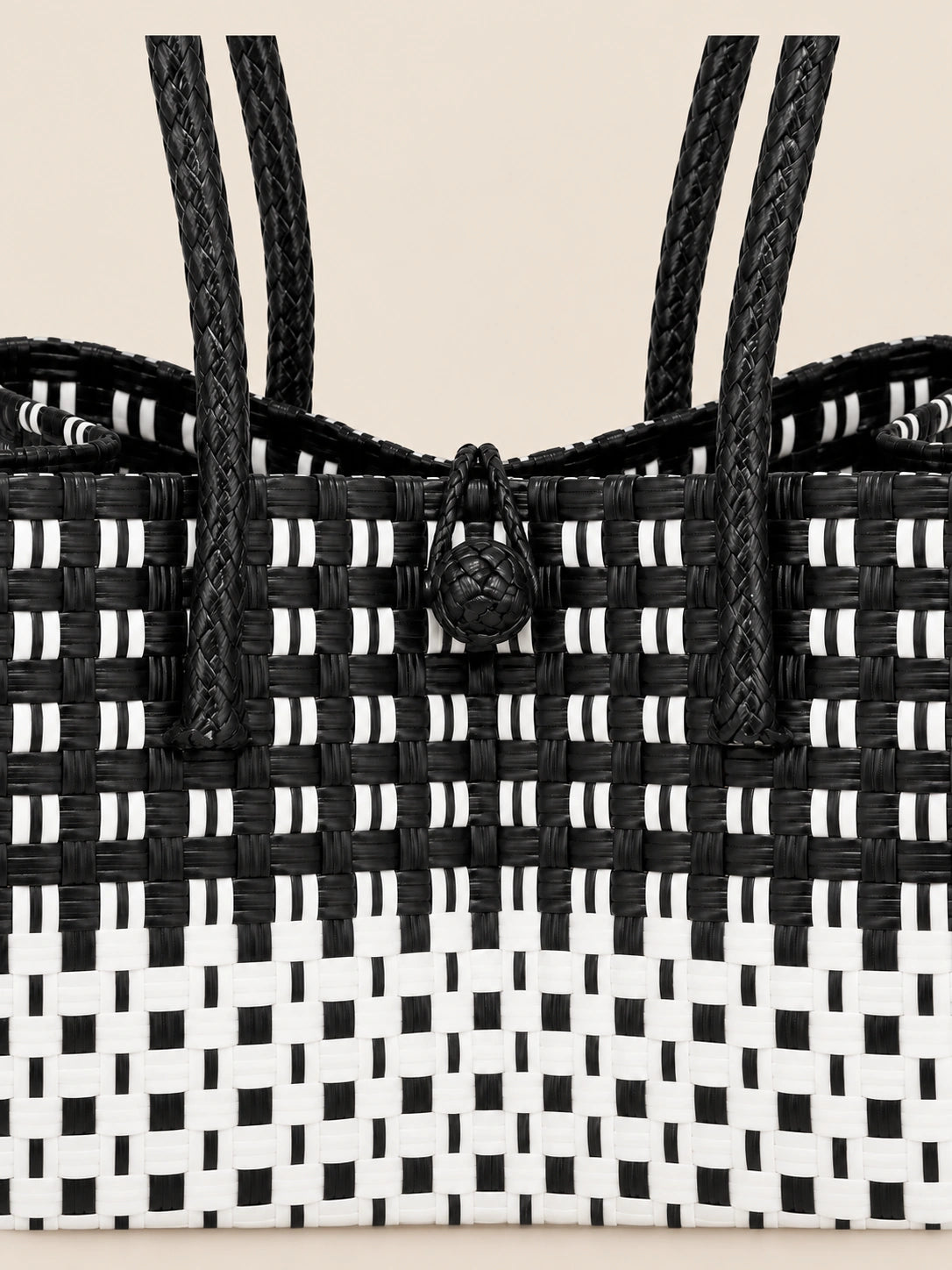 Habi Itim-Puti recycled-polypropylene structured bayong tote, woven detail