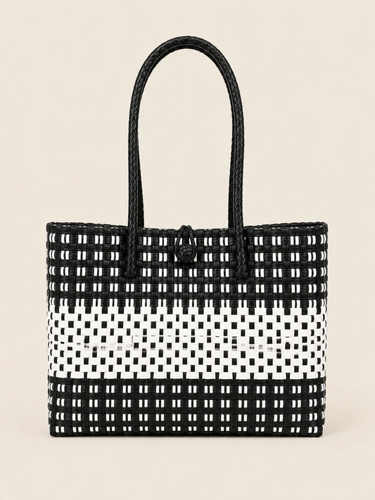 Habi Itim-Puti Malaki recycled-polypropylene structured bayong tote, front view