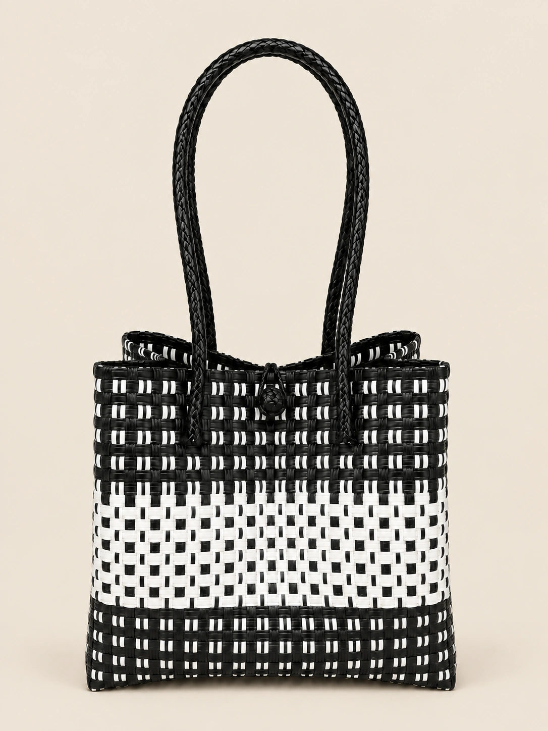 Habi Itim-Puti Malaki recycled-polypropylene structured bayong tote, back view