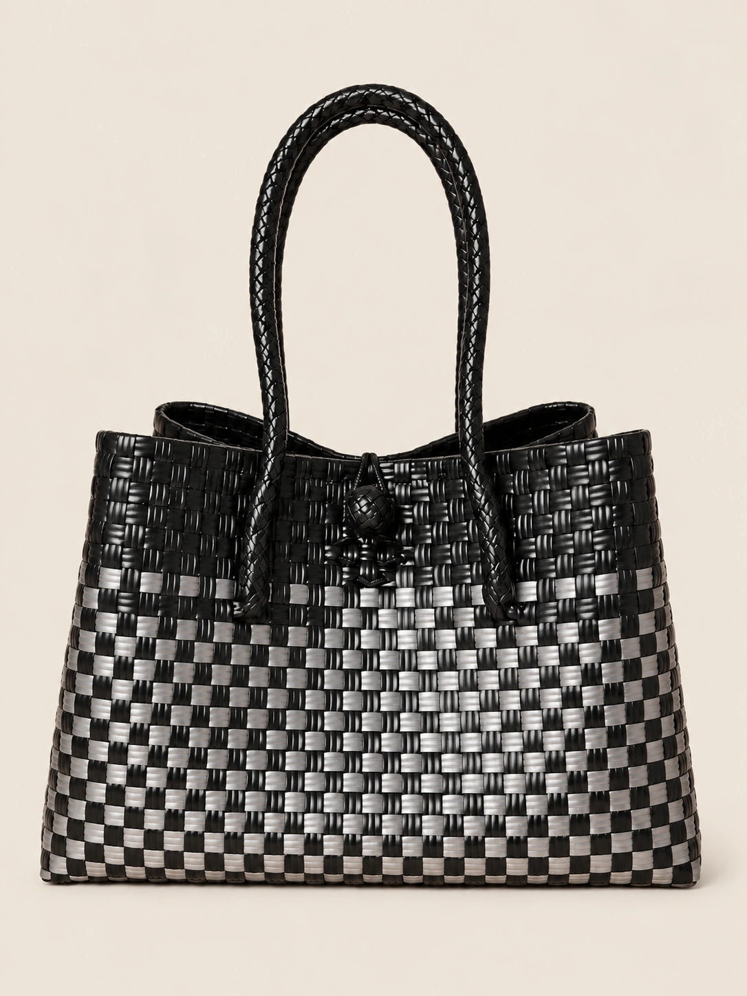 Habi Pilak — Geometriko recycled-polypropylene structured bayong tote, front view