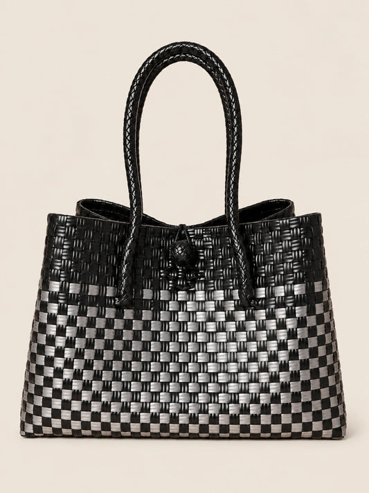 Habi Pilak — Geometriko recycled-polypropylene structured bayong tote, front view