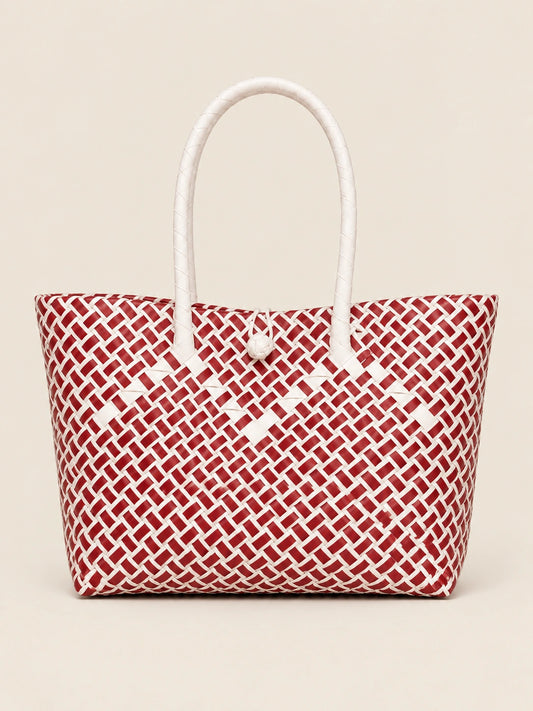 Habi Rosas — Pula at Puti recycled-polypropylene structured bayong tote, front view