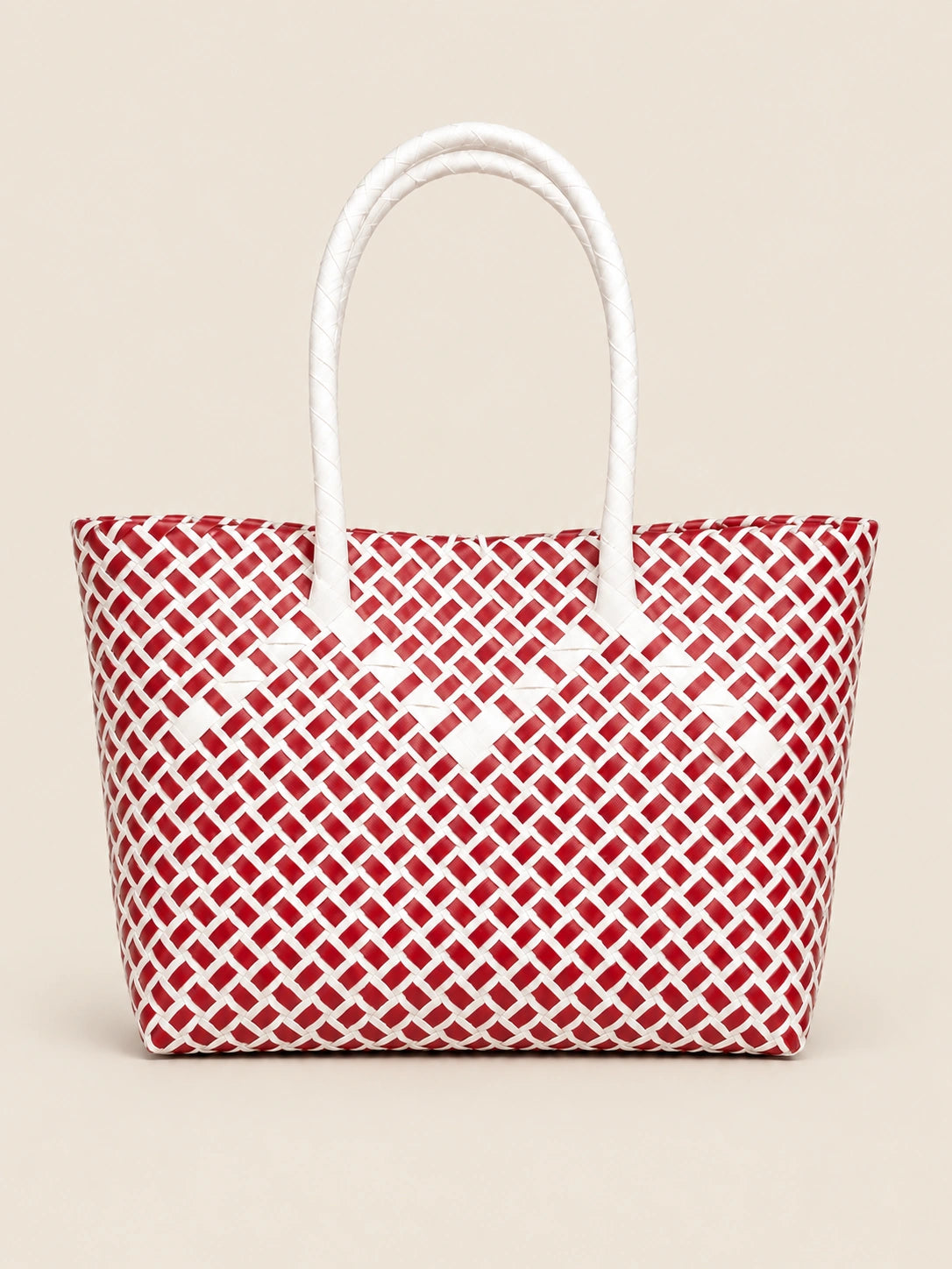 Habi Rosas — Pula at Puti recycled-polypropylene structured bayong tote, back view