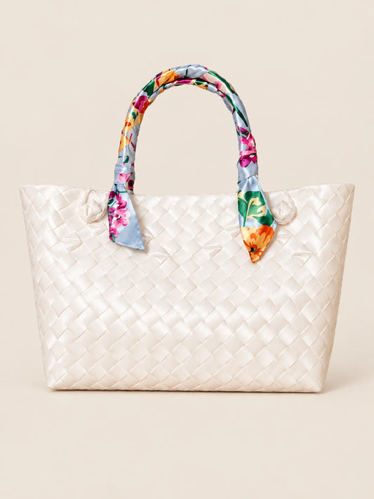 Talik Sampaguita recycled-polypropylene scarf-handle bayong tote, front view
